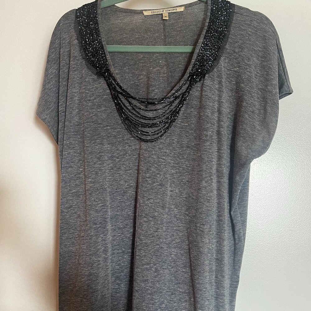 COLLECTIVE CONCEPTS Blue Washed Cotton Beaded Top